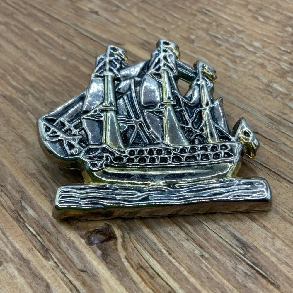 Pirate Ship Vintage Silver Gold Tone Tone Gasparilla Themed Pendant Brooch